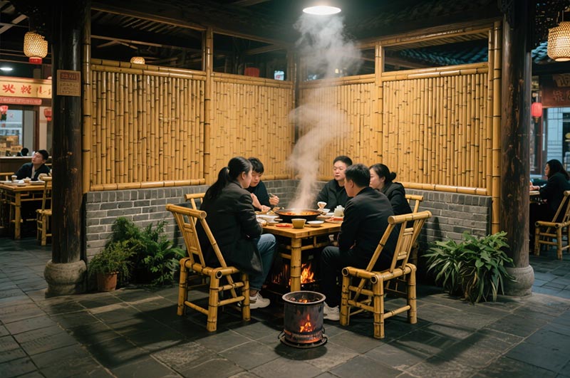 采用竹、木、青磚等傳統(tǒng)材質(zhì)的火鍋店裝修效果圖