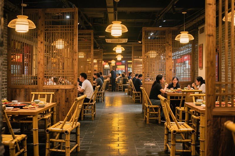 采用竹、木、青磚等傳統(tǒng)材質(zhì)的火鍋店裝修效果圖